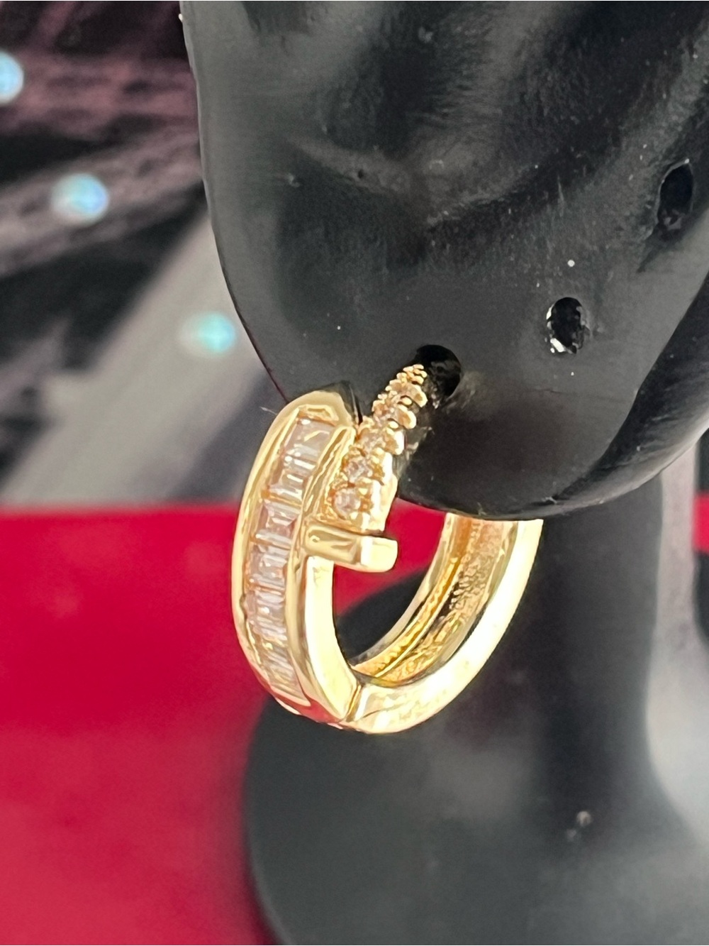 Gold Hoop Huggie Earrings with Clear Stones - Unbranded